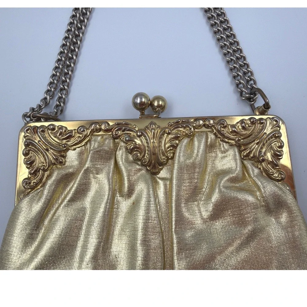 Vintage Gold Satin Evening Bag Ornate Frame Chain Strap‎ Clutch w/ Coin Bag